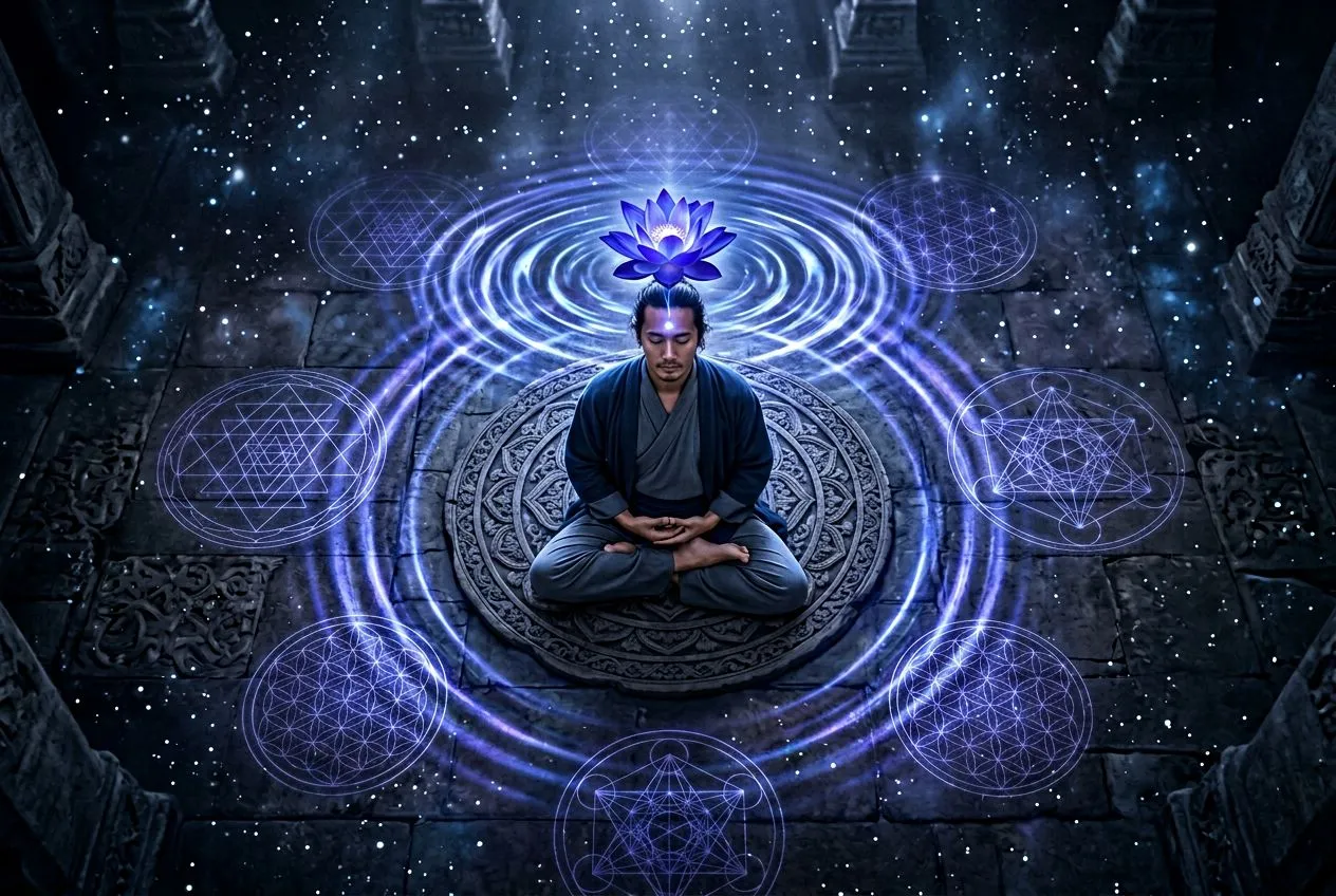 從頭頂俯瞰一位閉眼盤坐的人物,眉心位置綻放靛藍光蓮花,光向外擴散成同心圓波紋,神聖寧靜的氛圍