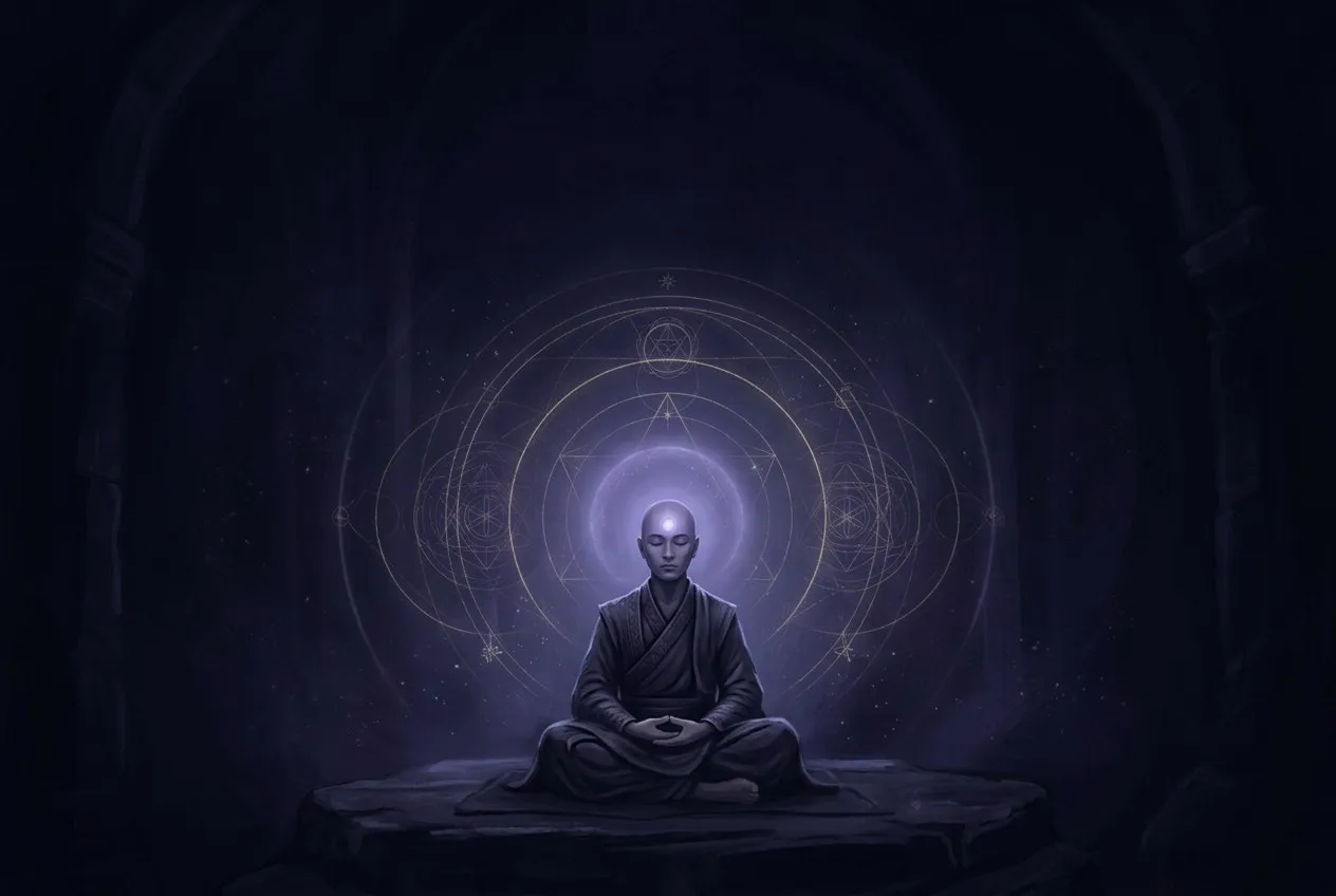 一個人盤腿坐在黑暗房間中,眉心有柔和的靛藍光芒向外散發,周圍有細微的幾何光紋,極簡靈性風格