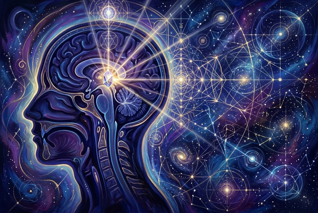 人體松果體在大腦中的位置剖面圖,周圍有柔和光芒與幾何符號,融合科學與靈性美學,深藍與紫色調