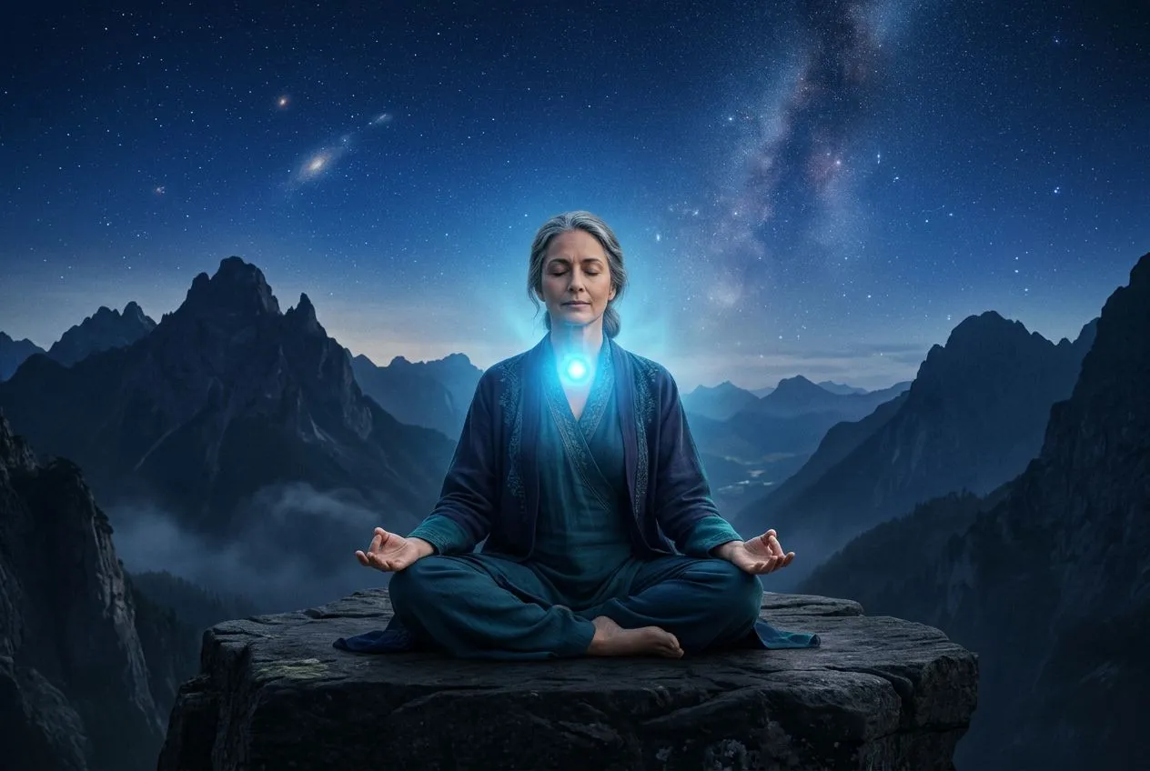 正面置中對稱構圖,一個人盤腿打坐於暖色光暈中,雙手結手印置於膝上,頸部位置浮現一顆明亮的天藍色光球,背景是漸層的深藍夜空帶細微星點