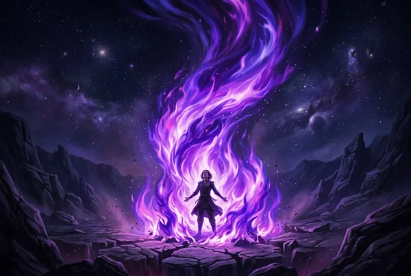 一個人站在壯麗的紫色火焰中心，火焰從地面升起包圍全身，光芒透過煙霧向上散射