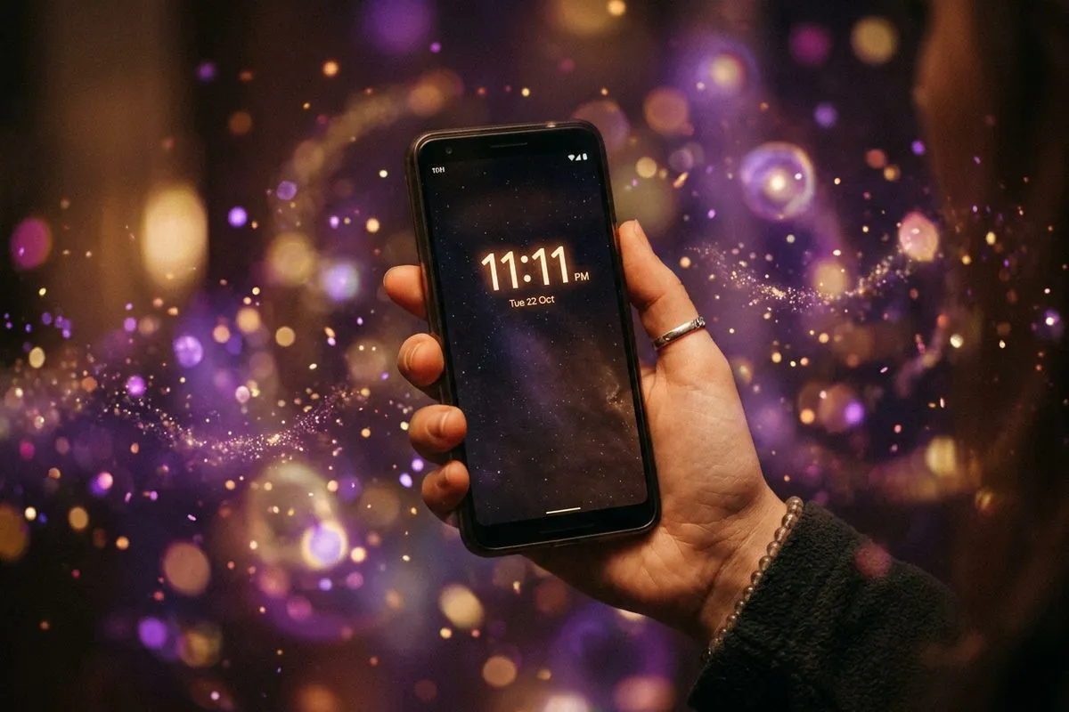 一隻手拿著手機顯示 11:11,背景散發紫金色光粒子,象徵天使數字出現的靈性覺醒瞬間