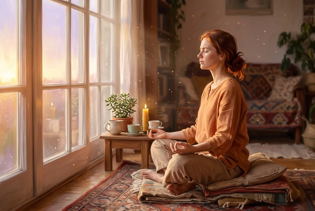 一個人剛開始冥想,坐在窗邊,陽光灑落,臉上有些專注與嘗試的神情,周圍有柔和的光粒子漂浮,溫暖而真實的靈性氛圍