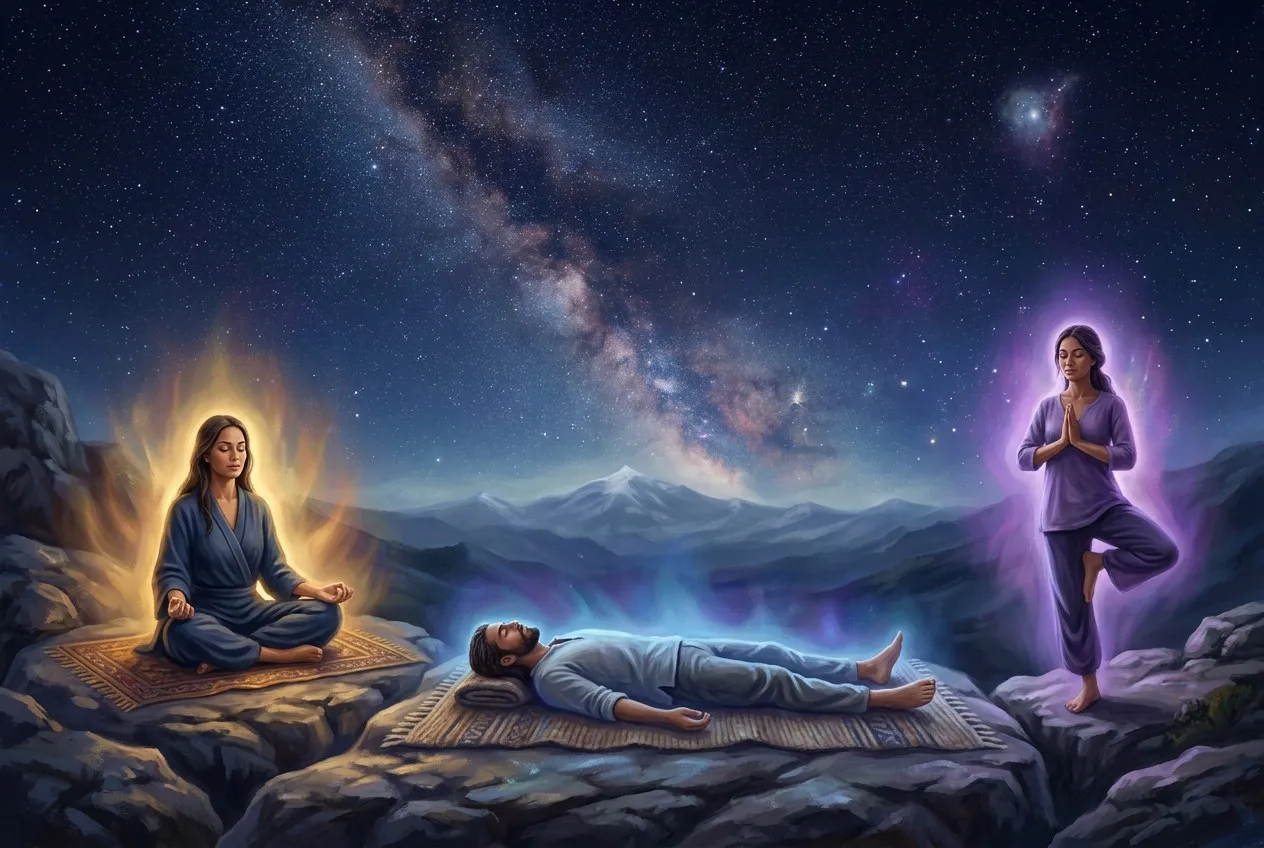 三個人分別用不同姿勢冥想——坐在地板、躺臥、站立——各自被柔和的個人光暈包圍,背景是同一片寧靜的星空,靈性插圖風格