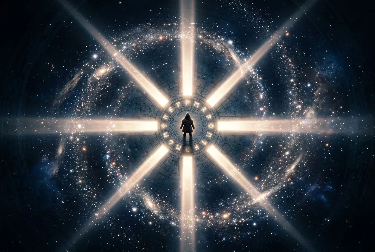 俯視角：一個人站在交叉的光路中央，四方向外延伸出光之走廊，頭頂有星河旋轉