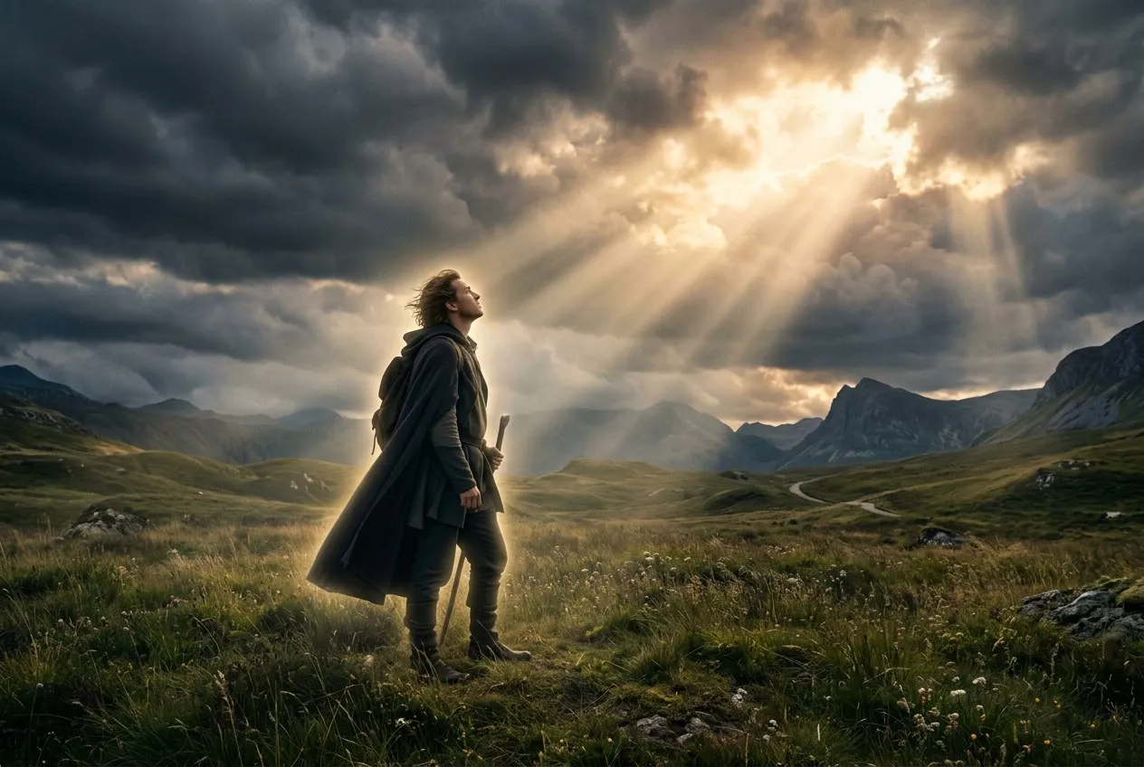 一個人仰望著從雲層破出的金光，身體周圍有淡淡的光量場，站在草地上，側面取景