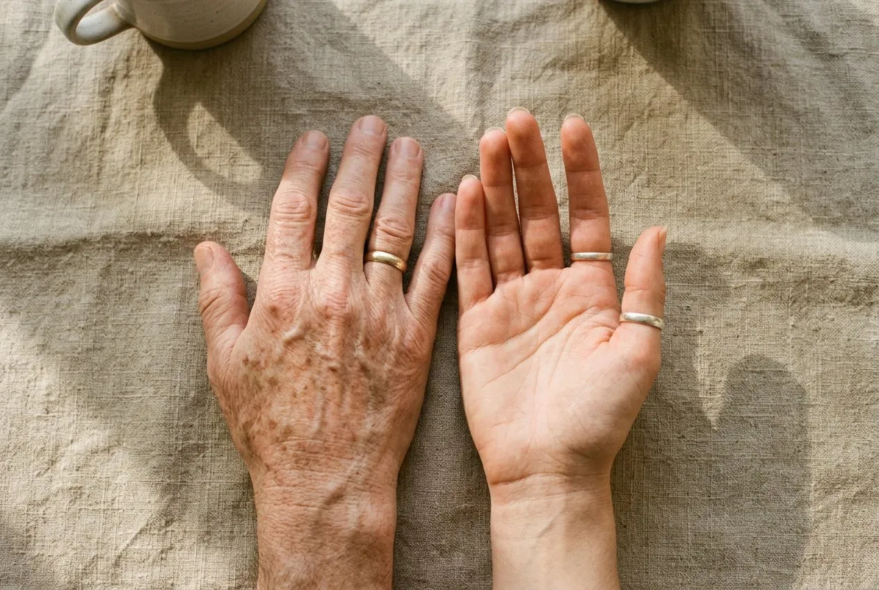 俯拍平鋪,兩個人的手並排放在粗麻布面料上,一隻略老一隻較年輕,雙手放鬆張開,柔和暖光從左側低角度斜入,雙手置中,兩側等距留白