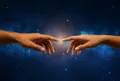 兩隻手從畫面兩側伸出，指尖幾乎相觸卻未碰，背景是深靛藍夜空與柔和星雲，指尖間隙隱約發出暖光