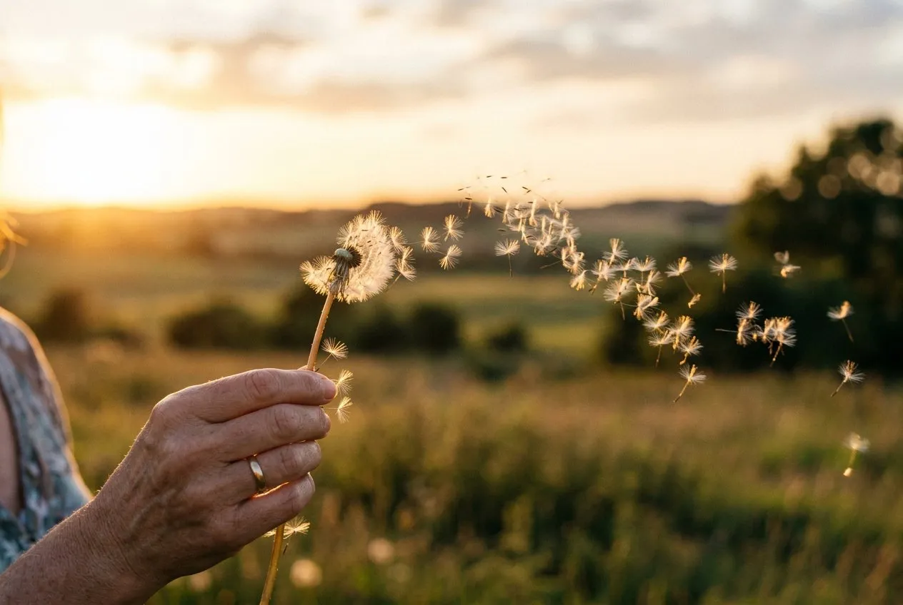 單支蒲公英被手鬆握,種子已大半飛散向右,逆光金色夕陽形成每粒種子的光暈,手佔畫面左下角四分之一,種子軌跡延伸至右上方