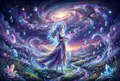 人物仰躺於黑暗曠野，雙臂放鬆，仰望銀河，人影剪影佔畫面下四分之一，銀河銀白星帶充滿上方四分之三