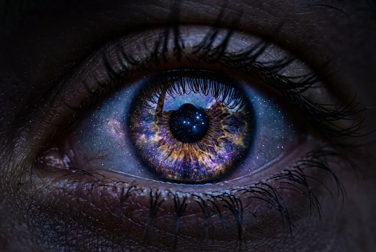 極近距離特寫單隻人眼,虹膜倒映夜空星系色彩——深藍、紫與金,瞳孔中央隱約可見一簇星光,睫毛框住畫面四邊