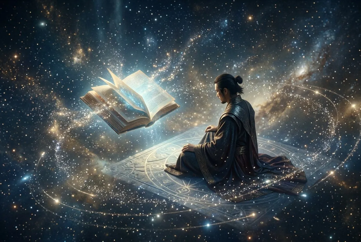 一個人坐在無邊的光之空間裡，面前展開一本發光的書，周圍有星光粒子環繞
