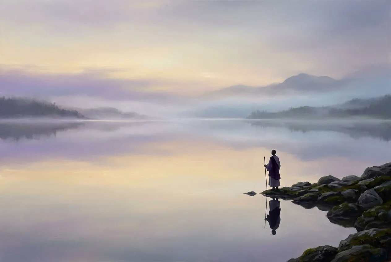 清晨薄霧中一個人站在湖邊，倒影清晰而完整，天空與水面連成一片，人影置於其中顯得渺小而寧靜