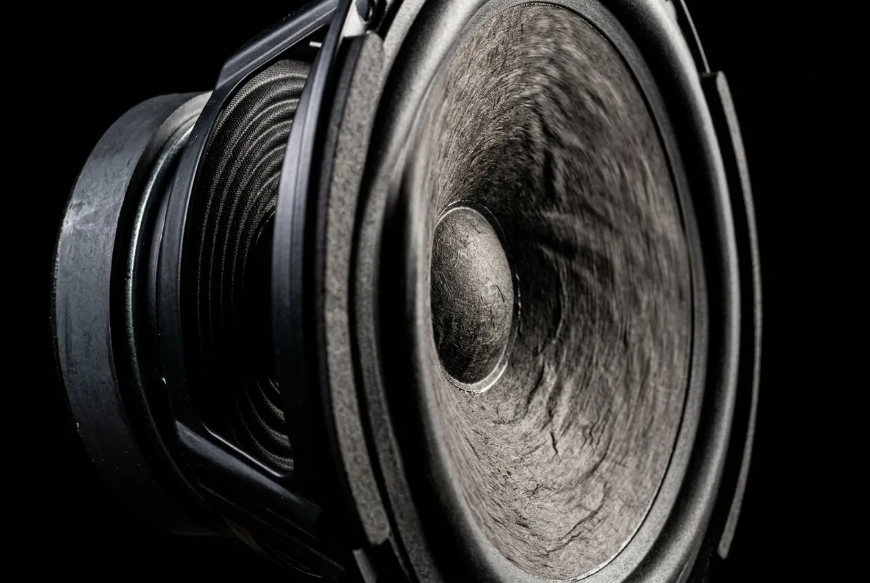 音箱喇叭紙盆側面特寫，單側強光打出細緻紙盆紋理與周圍橡皮邊的幾何陰影，黑色背景，喇叭佔畫面右半側