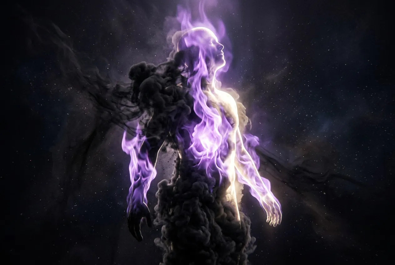 人形輪廓中充滿黑色濃煙，一道由下往上燃起的紫色火焰將煙霧逐漸清除，留下純白光芒