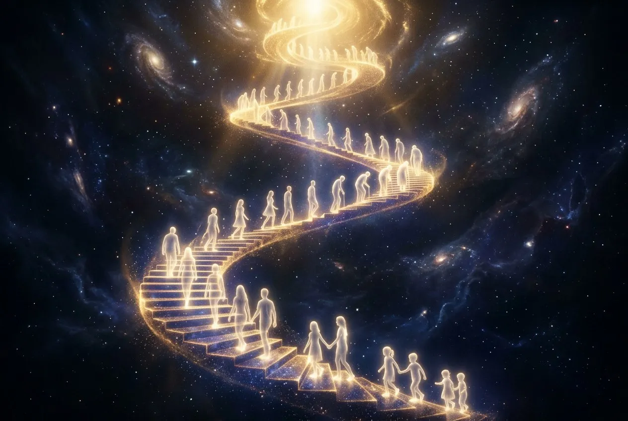 發光螺旋階梯在宇宙黑暗中升騰，每一階有不同生命階段的人形光影，藍金色光芒俯射