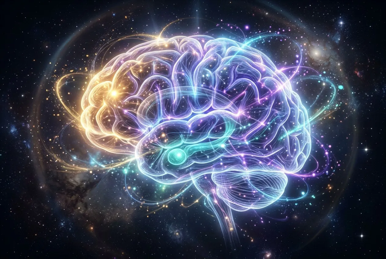 冥想時大腦神經迴路發光示意,前額葉皮質呈金色、杏仁核轉為冷靜藍綠色