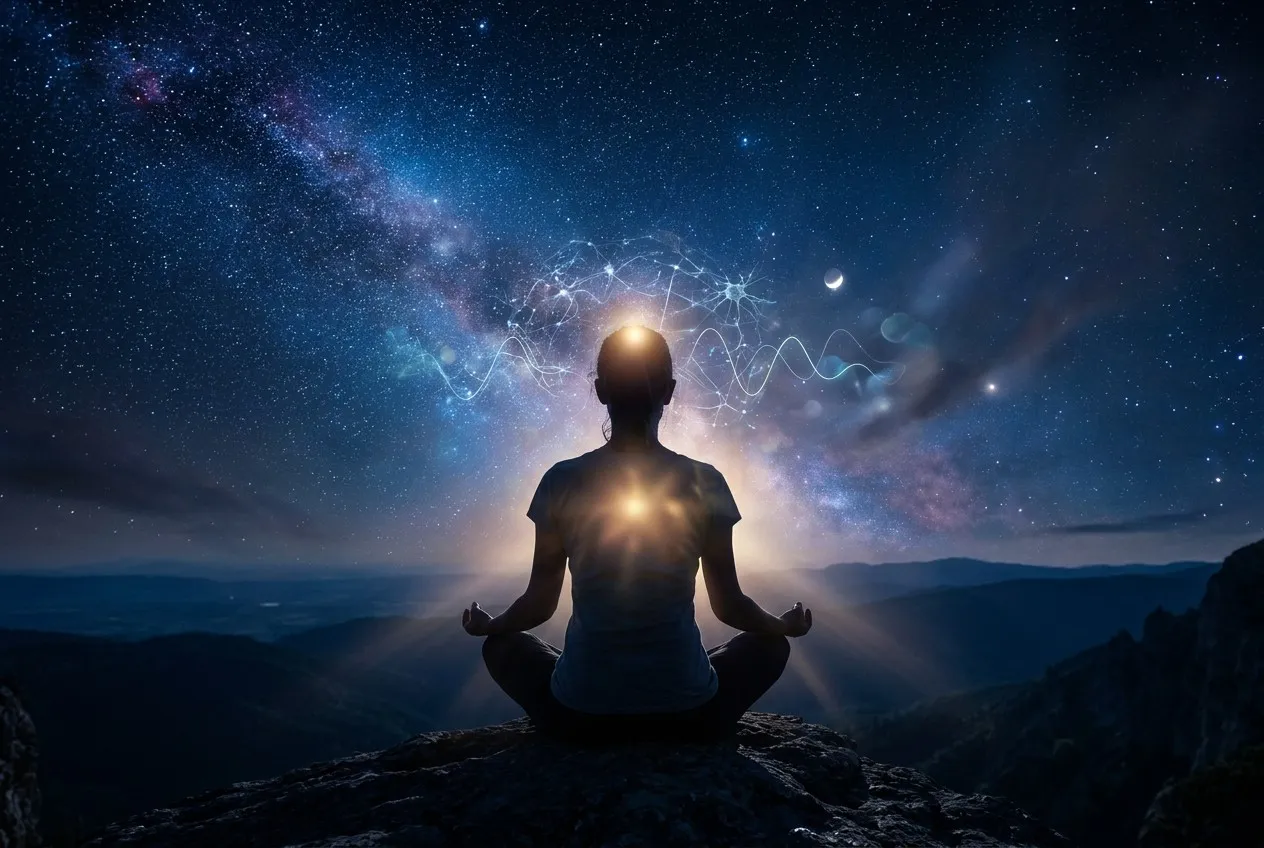 人物以蓮花座冥想，宇宙深藍背景中神經網絡與腦波線條圍繞頭部，胸口散發金色光芒