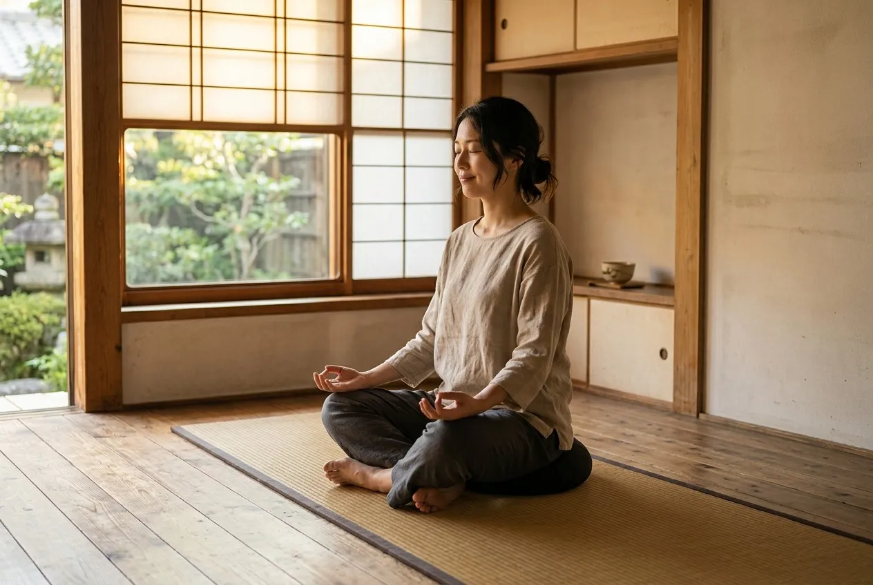 一人靜坐冥想,晨光透過窗戶灑落,雙手輕放膝上,表情平靜祥和