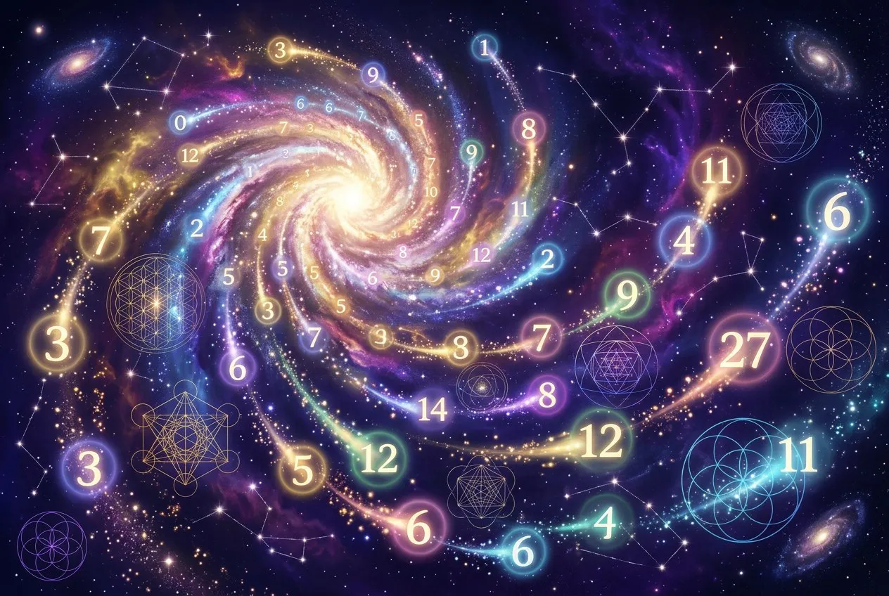 發光的宇宙數字從星系中心螺旋向外擴散，每個數字周圍環繞著各自顏色的光環，神聖幾何圖騰若隱若現