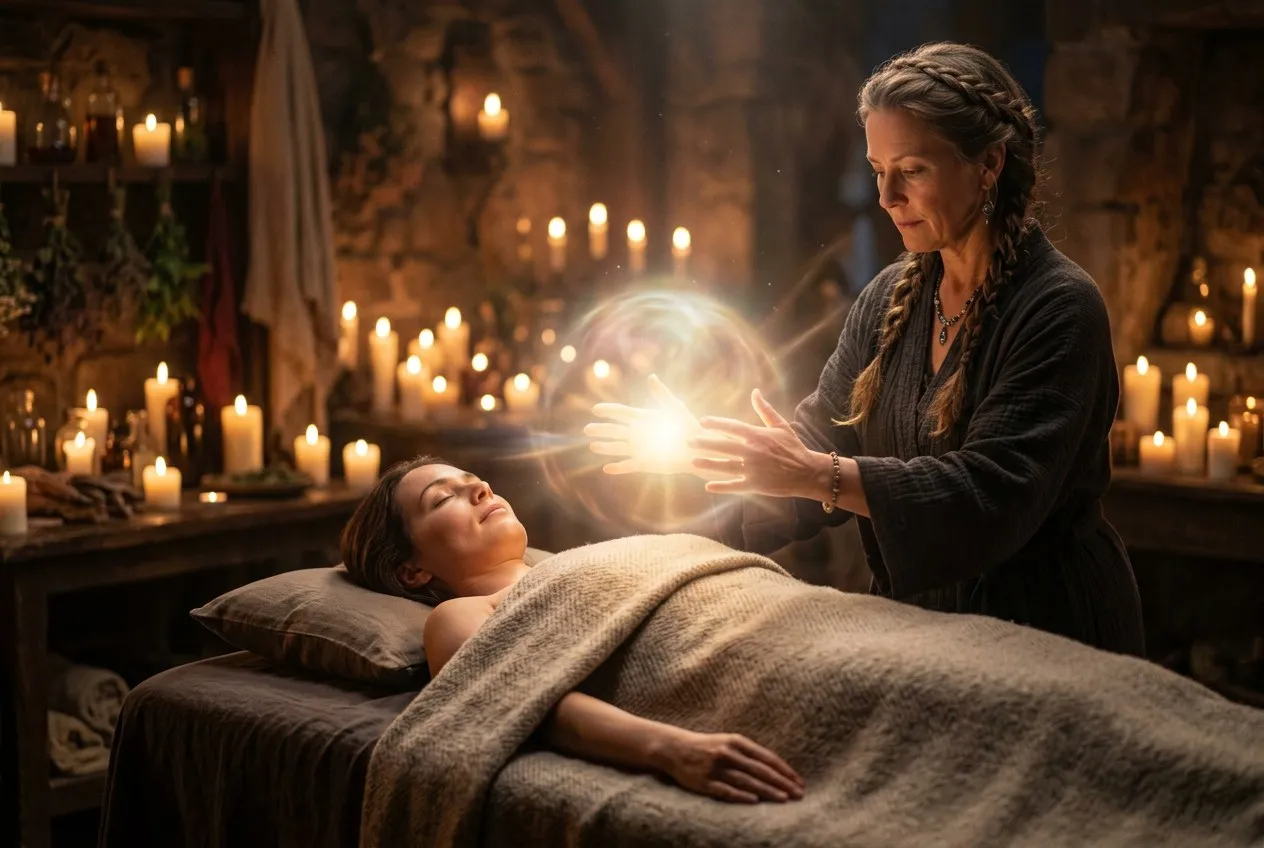 一雙手懸浮在人體輪廓上方，柔和的金色光芒從掌心流出，背景是深靛藍色的空間，光線有體積感