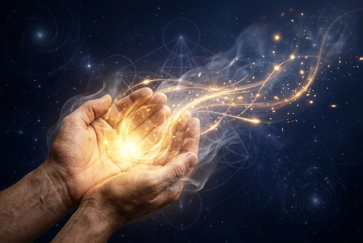 靈氣療癒師雙手懸浮在躺臥者頭部上方，金色光線從掌心流出，空間瀰漫柔和燭光