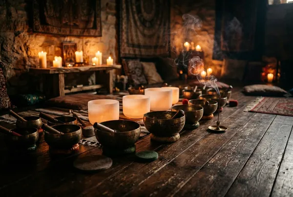 昏黃燭光下多只頌缽與水晶缽散落在木地板上，煙霧輕繚，氣氛沉靜神秘