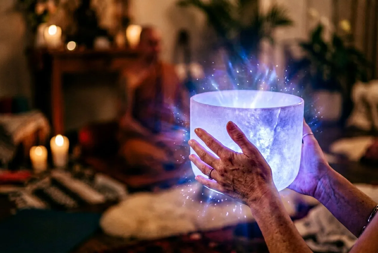 一雙手從上方輕握一只發光的水晶缽,缽內映出柔和的藍紫色光,背景虛化為幽靜的室內空間