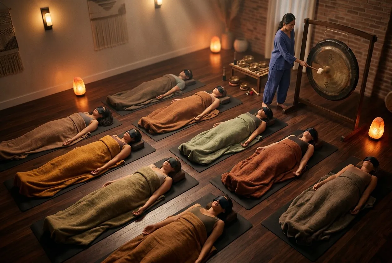 多名參與者並排躺在瑜伽墊上,眼枕遮眼,療癒師在旁邊輕擊銅鑼,暖黃燈光,空間安靜而溫柔