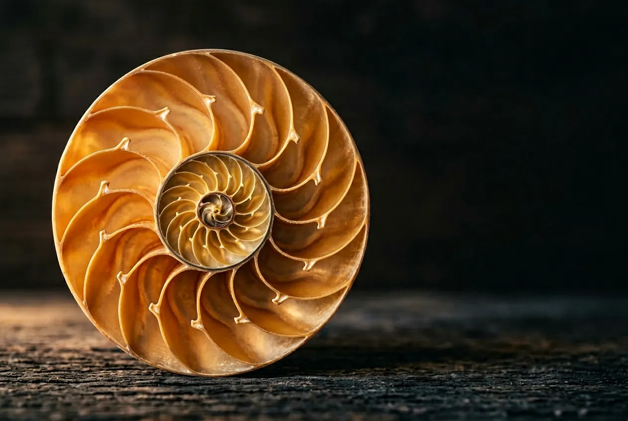 側光微距拍攝鸚鵡螺貝殼剖面，完美黃金螺旋腔室呈琥珀暖光，貝殼偏左構圖，背景深暗虛化
