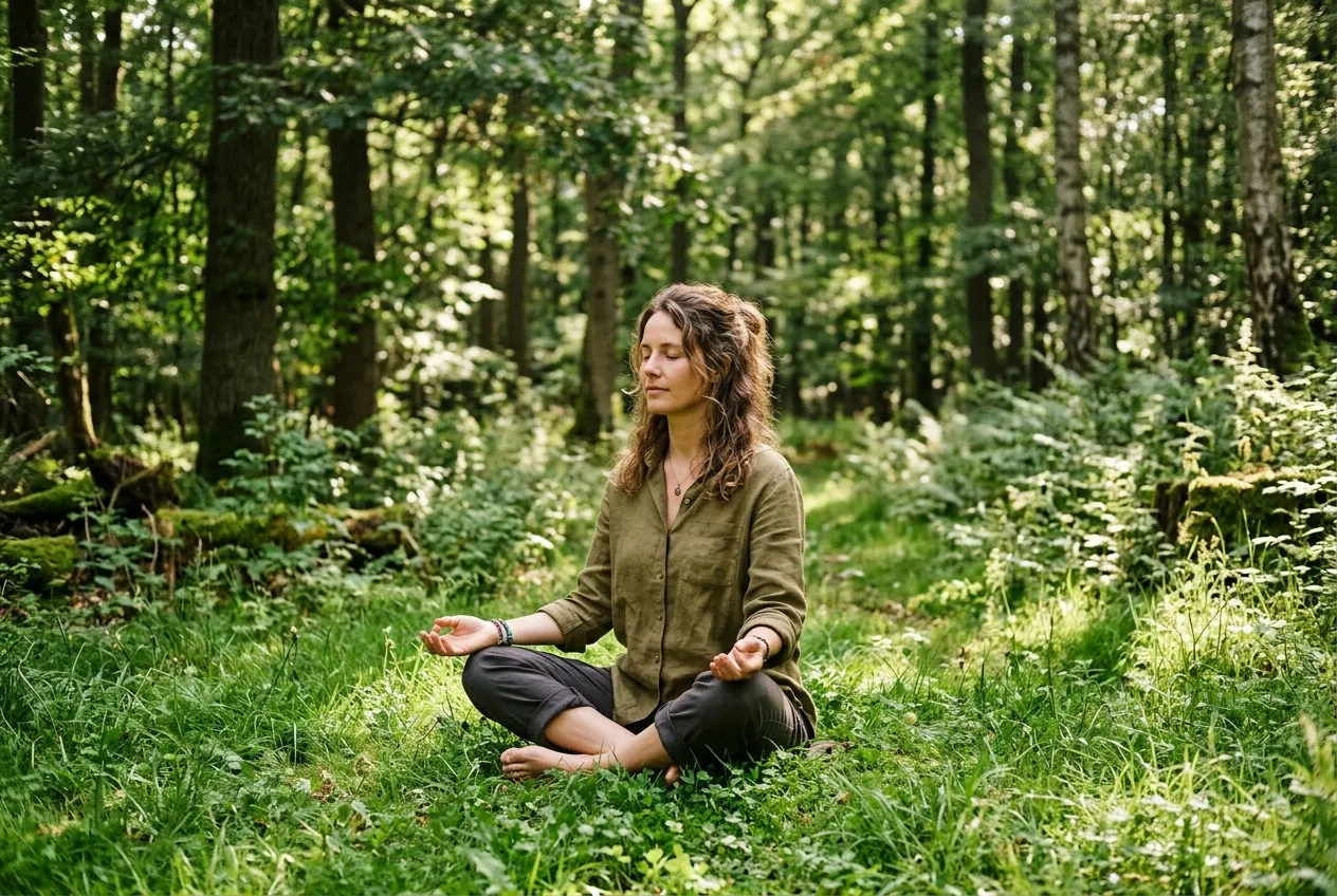 一人赤腳坐在林間草地上冥想，陽光透過樹葉灑落，神情平靜踏實，與大地深深連結
