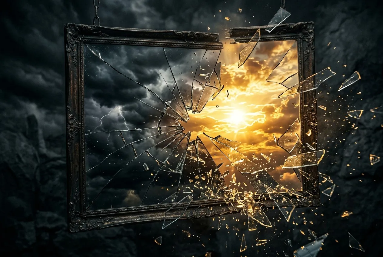 碎裂的鏡子一半映出暗雲風暴、一半透出金色日出，象徵舊我破碎、新意識誕生