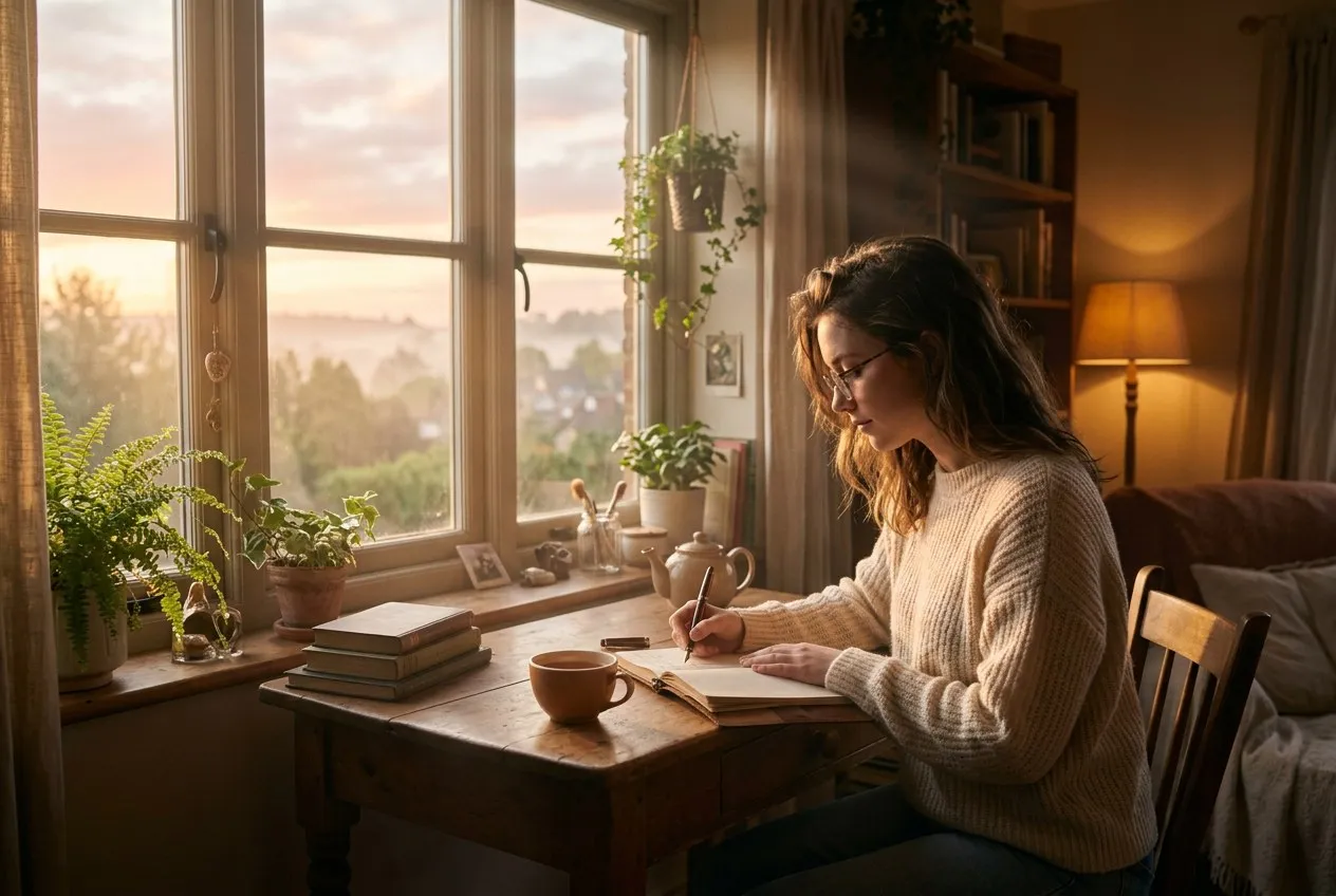清晨窗邊，一個人剛醒來，手握筆在筆記本上寫下夢境，窗外是初升的朝陽，桌上有一杯熱茶，氛圍溫柔而清醒