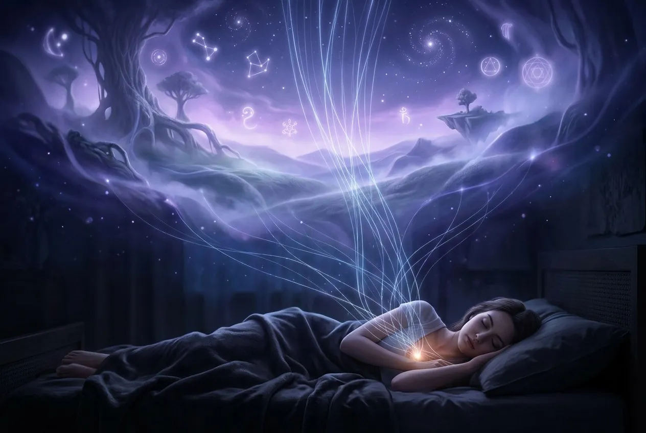 一個人躺在黑暗中沉睡，身體上方浮現出透明的夢境世界，有光之符號、飄動的景象與細絲般的光連著心口，神秘靜謐氛圍